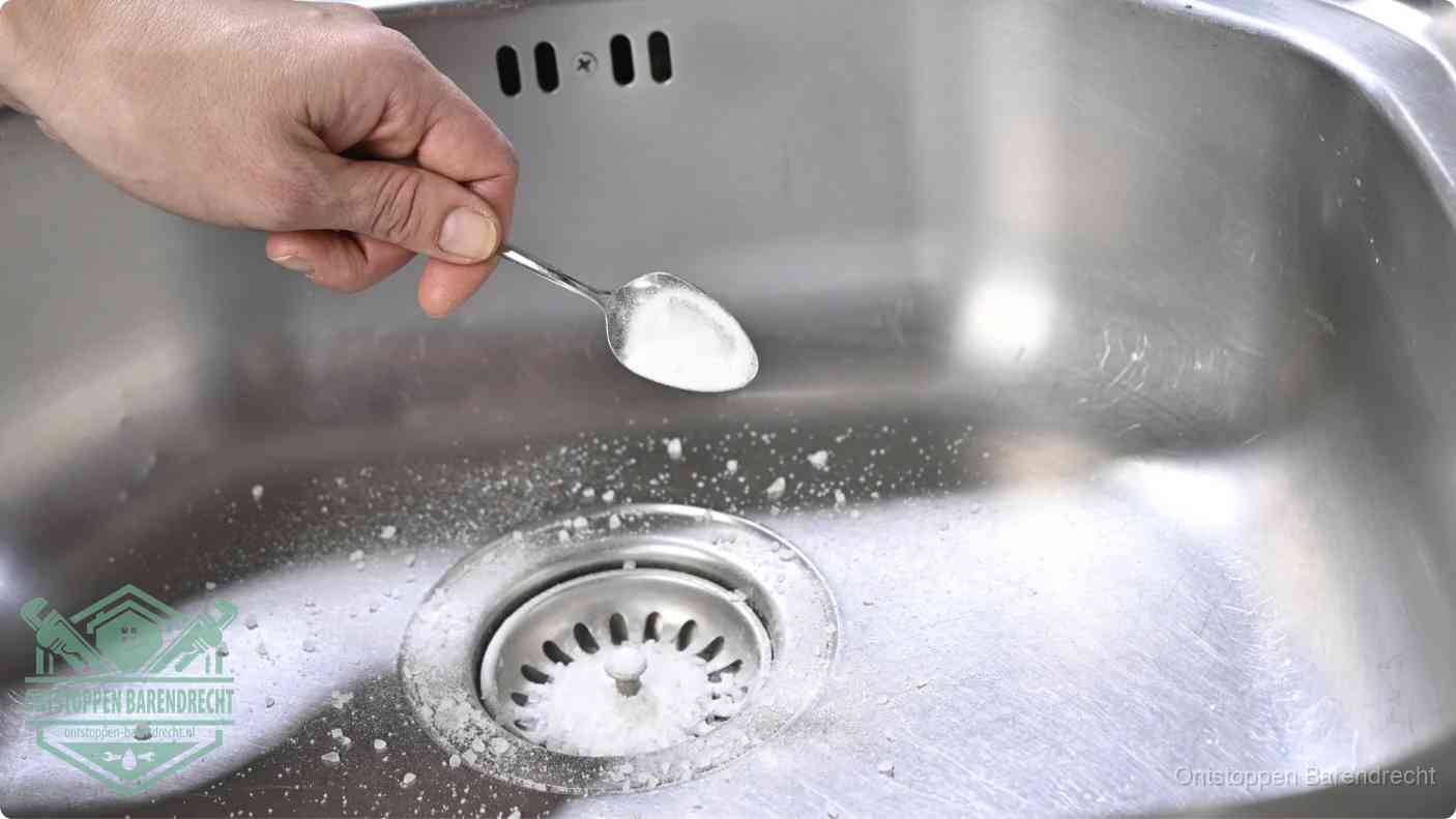 Een hand strooit met een lepel soda in de afvoer van een roestvrijstalen spoelbak, de soda en azijn huismiddel-methode om de afvoer te ontstoppen in Barendrecht