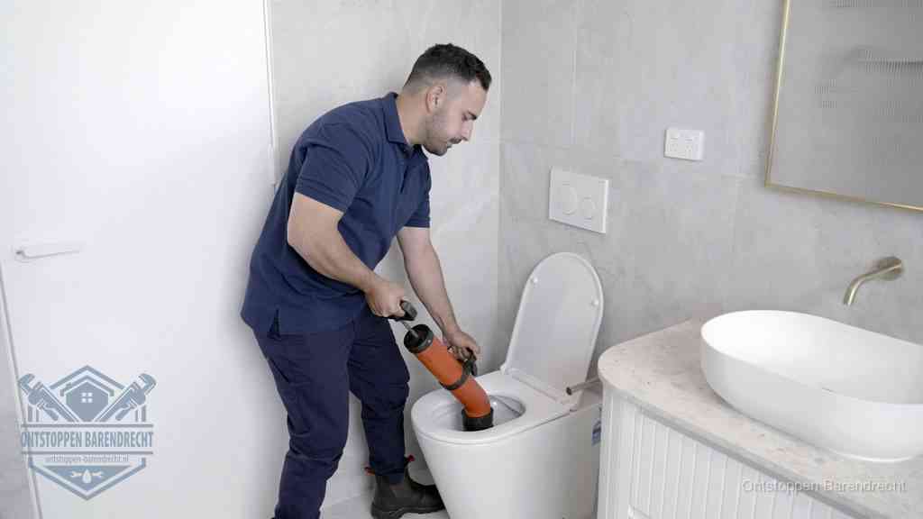 Een monteur gebruikt een handmatige perspomp (toiletontstopper) op een wandcloset tijdens het professioneel wc ontstoppen in Barendrecht